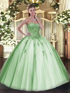 Ideal Sweetheart Sleeveless Sweet 16 Dress Floor Length Beading and Appliques Apple Green Tulle