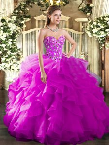 Smart Fuchsia Sleeveless Embroidery and Ruffles Floor Length Ball Gown Prom Dress