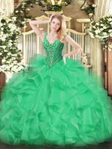 Stunning Green Lace Up V-neck Beading and Ruffles Sweet 16 Dresses Organza Sleeveless