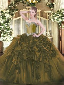 Olive Green Lace Up Sweetheart Beading and Ruffles Quinceanera Dress Organza Sleeveless