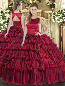 Wine Red Scoop Lace Up Ruffled Layers Quinceanera Dresses Sleeveless