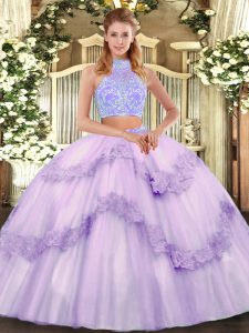 Adorable Lavender Two Pieces Tulle Halter Top Sleeveless Beading and Appliques and Ruffles Floor Length Lace Up Quinceanera Dress