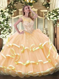 Gorgeous Peach Ball Gowns Beading and Ruffled Layers Quinceanera Dresses Zipper Organza Sleeveless Floor Length