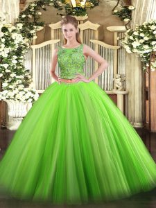 Tulle Lace Up Quinceanera Gown Sleeveless Floor Length Beading