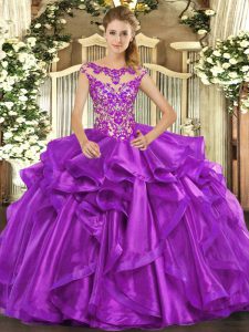 Superior Scoop Cap Sleeves Organza Quince Ball Gowns Appliques and Ruffles Lace Up