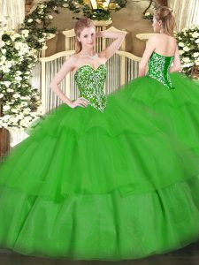 Decent Green Ball Gowns Tulle Sweetheart Sleeveless Beading and Ruffled Layers Floor Length Lace Up 15 Quinceanera Dress