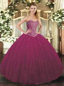 Perfect Fuchsia Tulle Lace Up Quinceanera Dresses Sleeveless Floor Length Beading