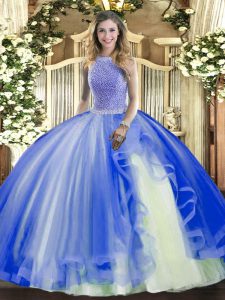 Dazzling High-neck Sleeveless Tulle Sweet 16 Quinceanera Dress Beading and Ruffles Lace Up