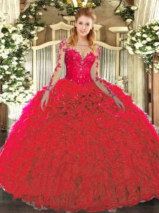 Red Ball Gowns Organza Scoop Sleeveless Lace and Ruffles Floor Length Lace Up Military Ball Dresses For Women