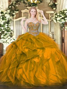 Custom Design Organza Sweetheart Sleeveless Lace Up Beading and Ruffles 15th Birthday Dress in Orange