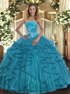 Adorable Teal Tulle Lace Up Strapless Sleeveless Floor Length Quince Ball Gowns Beading and Ruffles