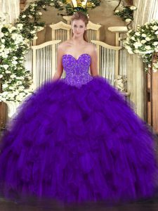 Stunning Purple Ball Gowns Organza Sweetheart Sleeveless Beading and Ruffles Floor Length Lace Up 15th Birthday Dress