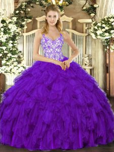 Purple Ball Gowns Straps Sleeveless Organza Floor Length Lace Up Beading and Ruffles Ball Gown Prom Dress