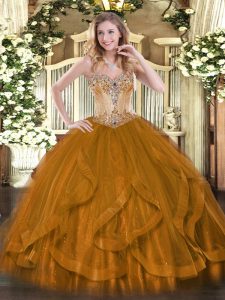 Flare Brown Sweetheart Neckline Beading and Ruffles Sweet 16 Quinceanera Dress Sleeveless Lace Up