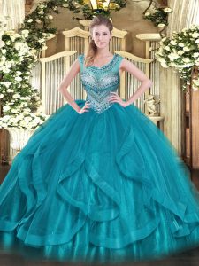 Simple Teal Ball Gowns Beading and Ruffles Quince Ball Gowns Lace Up Tulle Sleeveless Floor Length