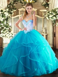 Exquisite Floor Length Lace Up Party Dress for Girls Aqua Blue for Military Ball and Sweet 16 and Quinceanera with Beading and Ruffles