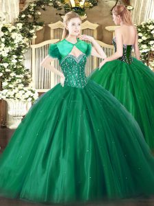Custom Made Dark Green Quince Ball Gowns Military Ball and Sweet 16 and Quinceanera with Beading Sweetheart Sleeveless Lace Up