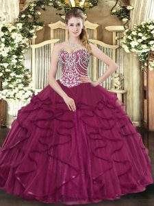 Flirting Burgundy Ball Gowns Tulle Sweetheart Sleeveless Beading and Ruffles Floor Length Lace Up Quince Ball Gowns