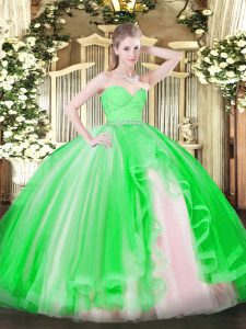 Tulle Sweetheart Sleeveless Zipper Beading and Lace and Ruffles Quince Ball Gowns in Green