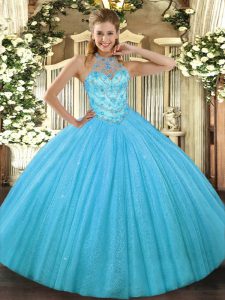 Suitable Aqua Blue Ball Gowns Tulle Halter Top Sleeveless Beading and Embroidery Floor Length Lace Up Quinceanera Gowns