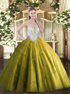 New Style Tulle Scoop Sleeveless Zipper Beading and Appliques Sweet 16 Dresses in Olive Green