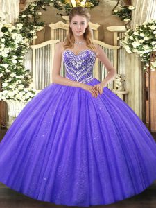 Purple Tulle Lace Up Sweetheart Sleeveless Floor Length Sweet 16 Quinceanera Dress Beading