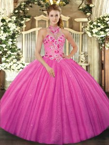 Modern Hot Pink Sleeveless Beading and Embroidery Floor Length Sweet 16 Quinceanera Dress