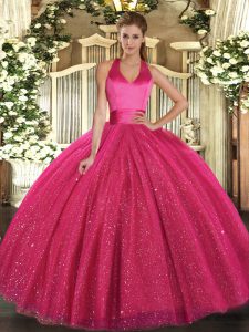 Sophisticated Hot Pink Ball Gowns Halter Top Sleeveless Tulle Floor Length Lace Up Sequins Sweet 16 Dress