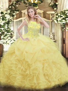 Amazing Floor Length Zipper Quinceanera Gown Yellow for Military Ball and Sweet 16 and Quinceanera with Beading and Ruffles