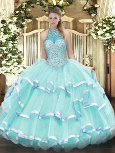 Halter Top Sleeveless Organza Quinceanera Gown Beading and Ruffled Layers Lace Up