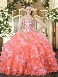 Watermelon Red Sleeveless Floor Length Beading and Ruffled Layers Lace Up Quinceanera Gowns