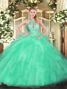 New Arrival Apple Green Lace Up Sweet 16 Dress Beading and Ruffles Sleeveless Floor Length