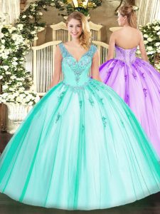 Turquoise Lace Up 15 Quinceanera Dress Beading Sleeveless Floor Length