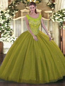Sexy Olive Green Ball Gowns Scoop Sleeveless Tulle Floor Length Backless Beading Ball Gown Prom Dress