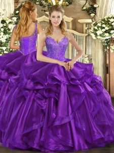 Floor Length Eggplant Purple Quinceanera Gowns Organza Sleeveless Beading and Ruffles