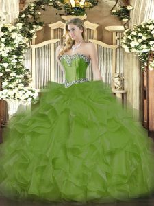 Olive Green Sweetheart Neckline Beading and Ruffles Quinceanera Dresses Sleeveless Lace Up