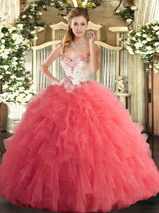 Popular Floor Length Watermelon Red 15 Quinceanera Dress Tulle Sleeveless Beading and Ruffles