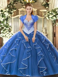 Sumptuous Blue Ball Gowns Tulle Sweetheart Cap Sleeves Beading Floor Length Lace Up Sweet 16 Dress