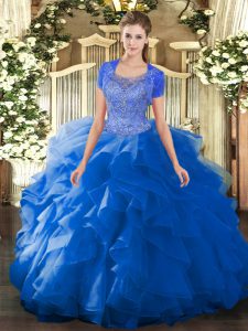 Custom Made Blue Ball Gowns Tulle Scoop Sleeveless Beading and Ruffled Layers Floor Length Clasp Handle Sweet 16 Dress