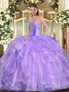 Lavender Organza Lace Up Sweetheart Sleeveless Floor Length Military Ball Gowns Beading and Ruffles