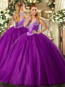 Chic Purple Straps Neckline Beading Quinceanera Gown Sleeveless Lace Up