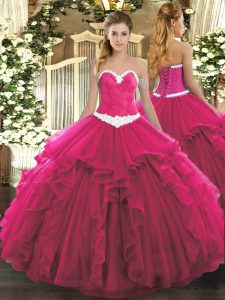 Glamorous Sleeveless Organza Floor Length Lace Up Vestidos de Quinceanera in Hot Pink with Appliques and Ruffles