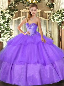 Lavender Sleeveless Tulle Lace Up Ball Gown Prom Dress for Military Ball and Sweet 16 and Quinceanera