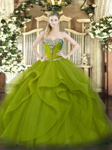 Olive Green Tulle Lace Up Sweetheart Sleeveless Floor Length Quinceanera Gowns Beading and Ruffles