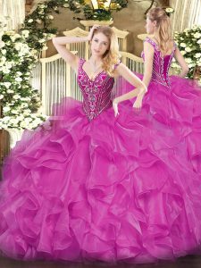 Hot Sale Fuchsia Quinceanera Gown Military Ball and Sweet 16 and Quinceanera with Beading and Ruffles V-neck Long Sleeves Lace Up
