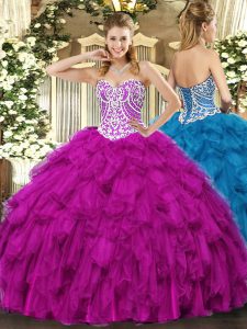 Nice Fuchsia Sleeveless Beading and Ruffles Floor Length Sweet 16 Dresses