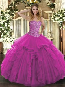 Fuchsia Sweetheart Lace Up Beading and Ruffles 15th Birthday Dress Sleeveless