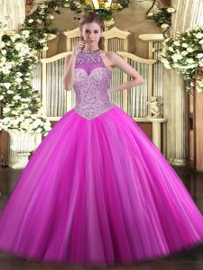Spectacular Halter Top Sleeveless Lace Up Quinceanera Dress Fuchsia Tulle