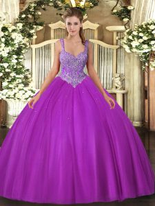 Custom Fit Sleeveless Tulle Floor Length Lace Up Party Dress Wholesale in Fuchsia with Beading