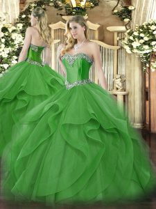 Dramatic Green Sleeveless Beading and Ruffles Floor Length Quinceanera Dresses